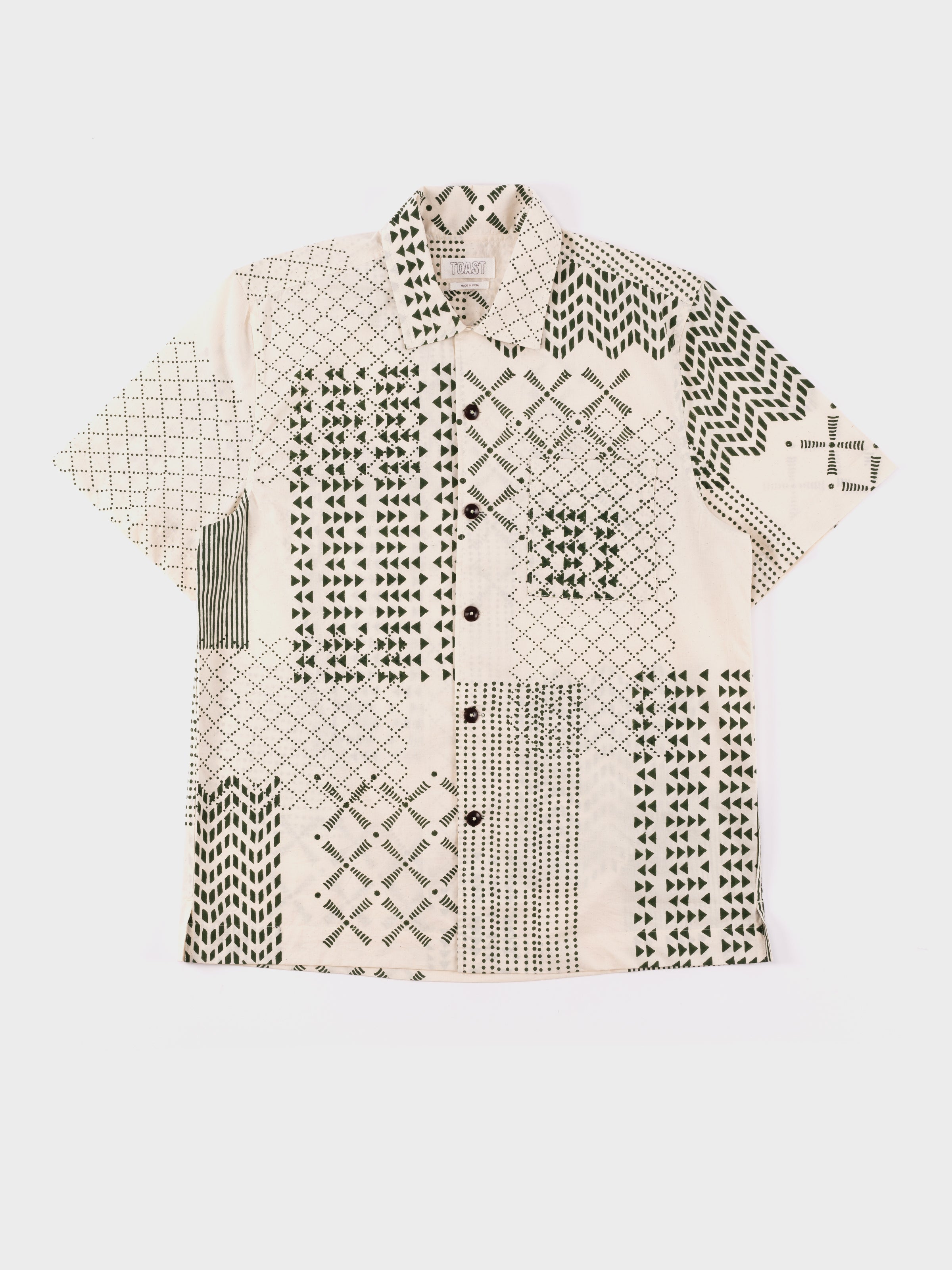 【KOOLOSET】Rivet Patchwork Short Sleeve Shirt TOAST Patchwork Block Print SS Shirt - Green/Ecru – Seven Stones
