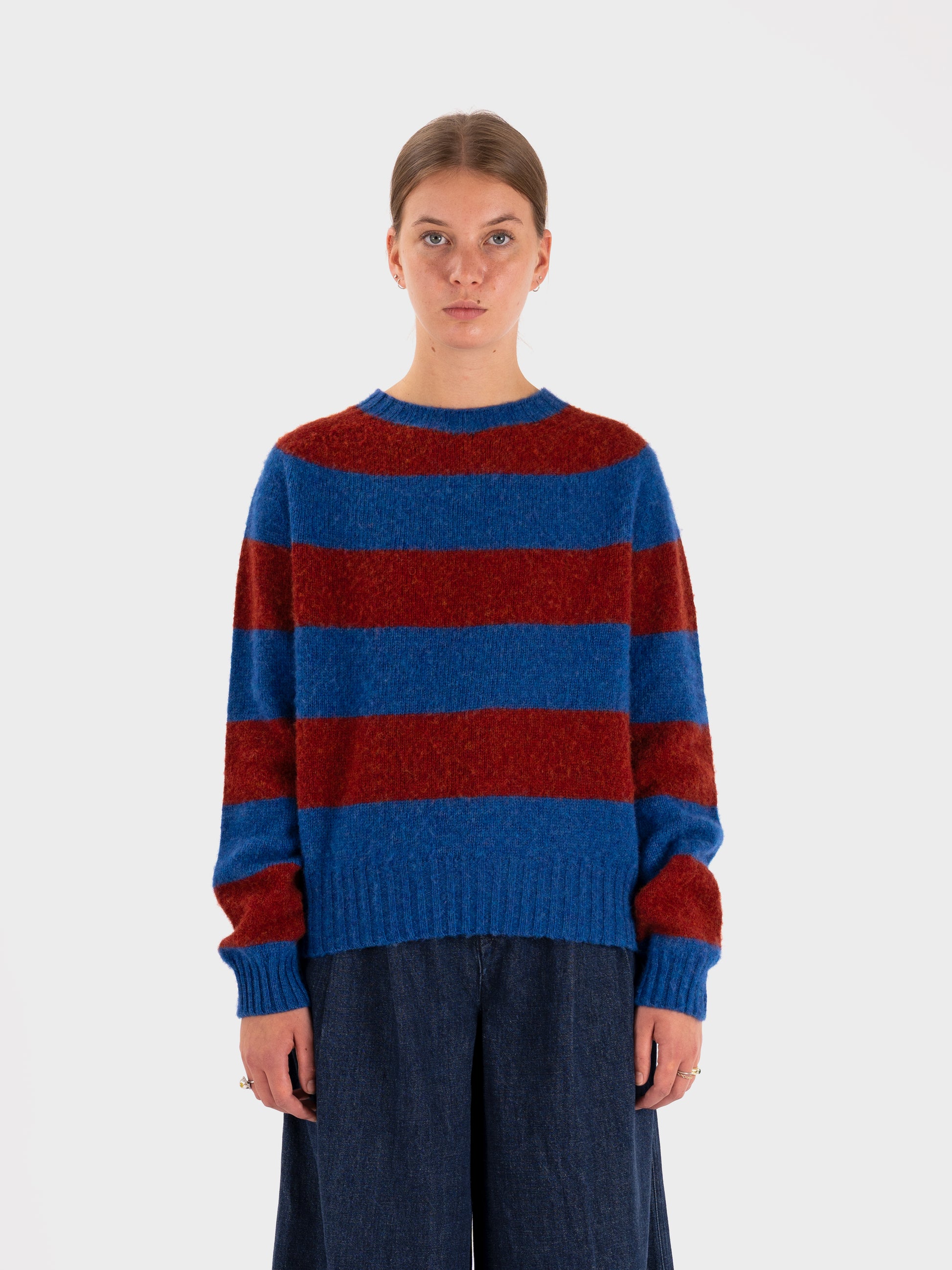 YMC Jets Stripe Crew Knit - Ocean Force/Blaze